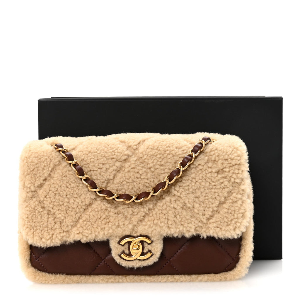Shearling Lambskin Quilted Furry Coco Flap Dark Brown Beige