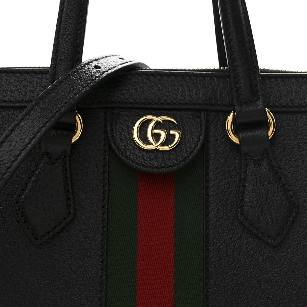 Textured Calfskin Web Small Ophidia Tote Bag Black