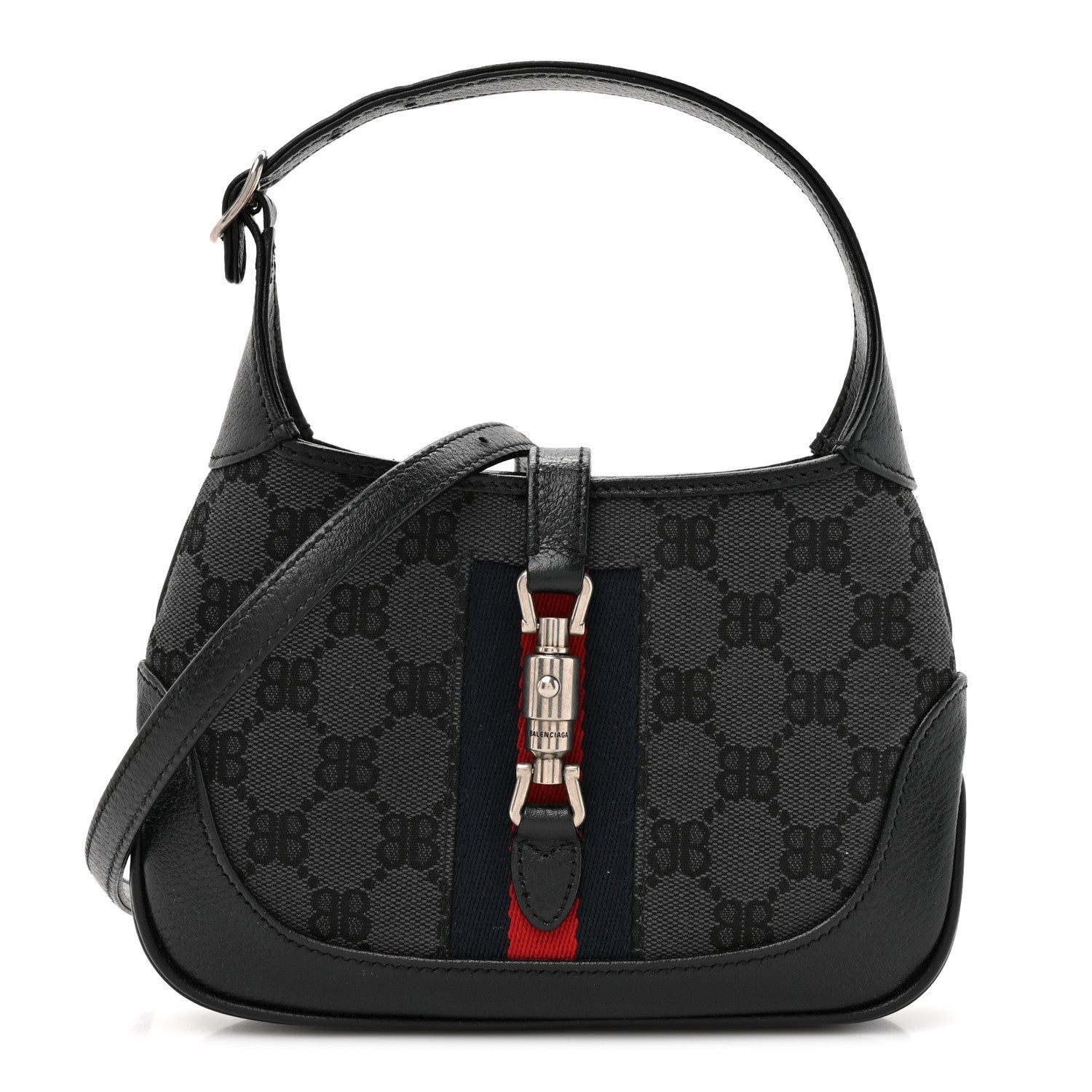 X BALENCIAGA BB Monogram Calfskin Web Mini Jackie 1961 Hobo Black