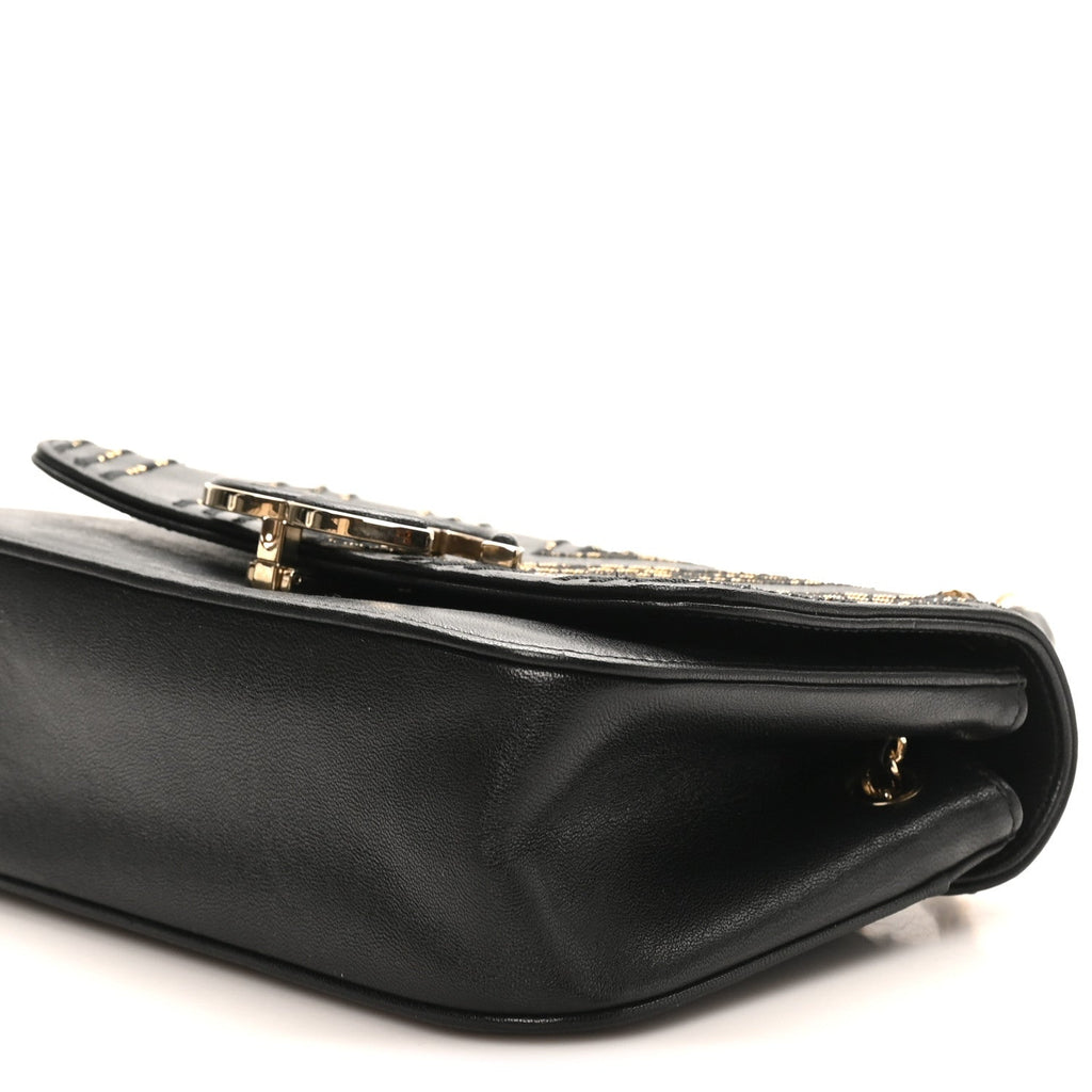 Calfskin Chevron Beaded Chain Mini Square Flap Black