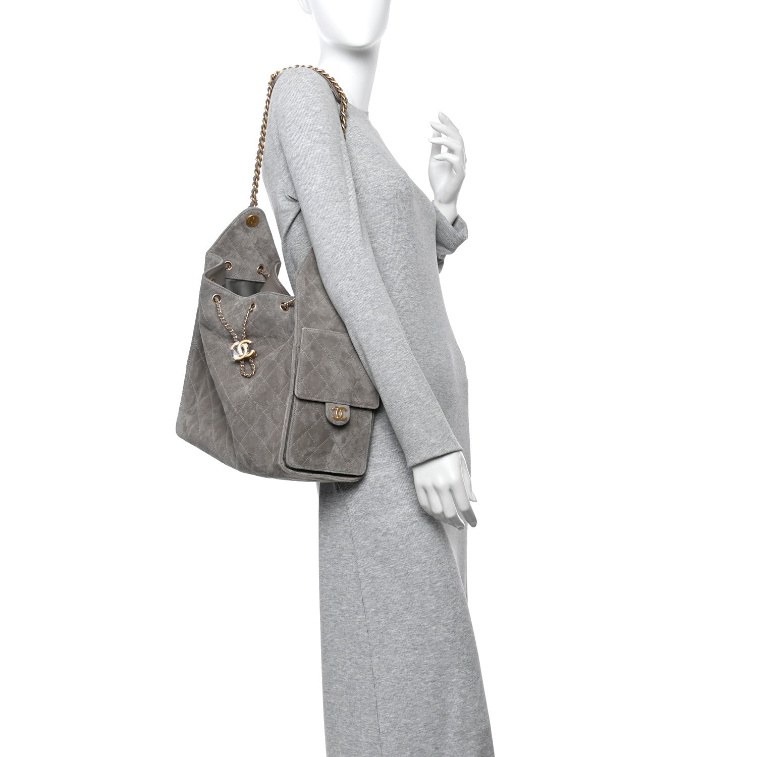 Suede Quilted Medium Chanel 25 Handbag Grey