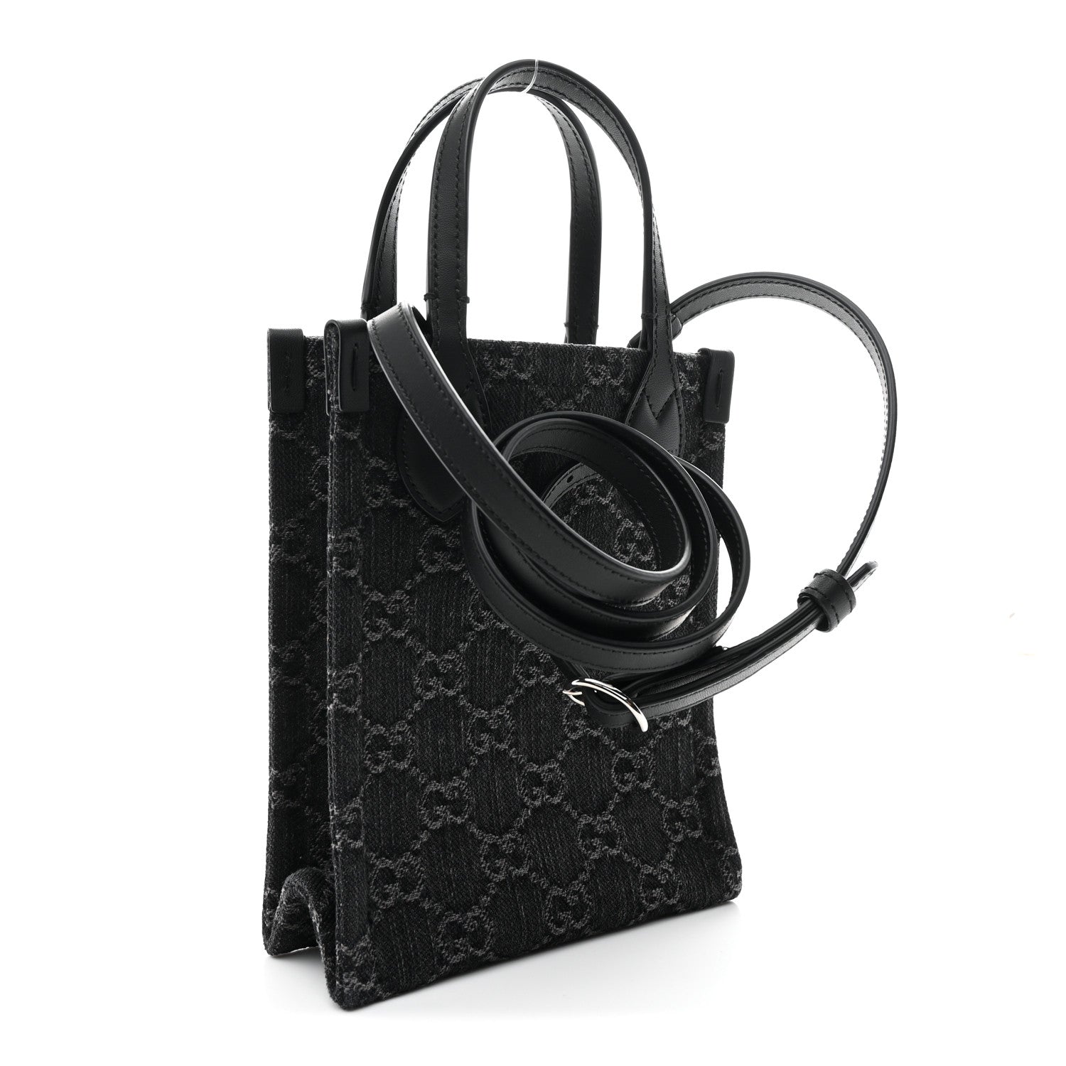 Denim Cuoio Harness GG Monogram Mini Ophidia Tote Bag Black Medium Grey