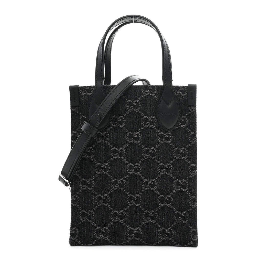 Denim Cuoio Harness GG Monogram Mini Ophidia Tote Bag Black Medium Grey
